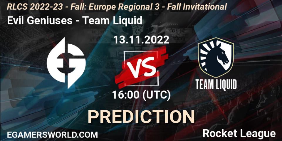 Evil Geniuses - Team Liquid: Maç tahminleri. 13.11.22, Rocket League, RLCS 2022-23 - Fall: Europe Regional 3 - Fall Invitational