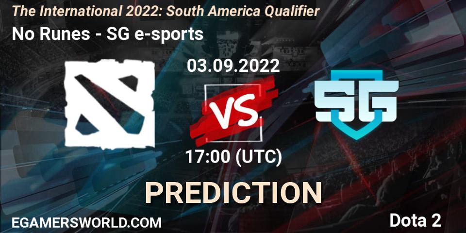 No Runes - SG e-sports: Maç tahminleri. 03.09.2022 at 15:45, Dota 2, The International 2022: South America Qualifier