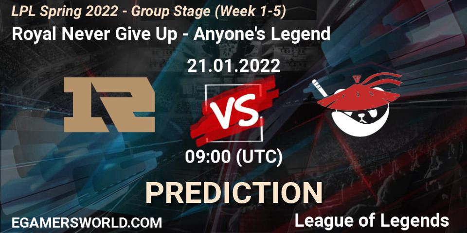 Royal Never Give Up - Anyone's Legend: Maç tahminleri. 21.01.2022 at 09:45, LoL, LPL Spring 2022 - Group Stage (Week 1-5)