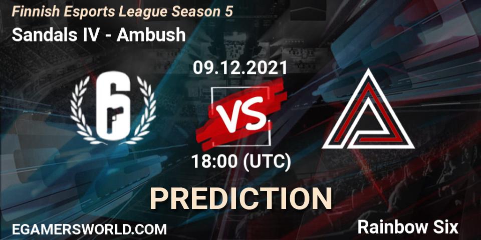 Sandals IV - Ambush: Maç tahminleri. 09.12.2021 at 18:00, Rainbow Six, Finnish Esports League Season 5
