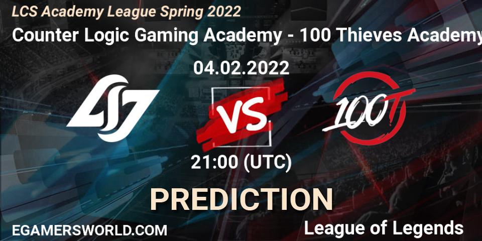 Counter Logic Gaming Academy - 100 Thieves Academy: Maç tahminleri. 04.02.2022 at 21:00, LoL, LCS Academy League Spring 2022