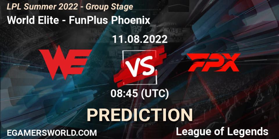 World Elite - FunPlus Phoenix: Maç tahminleri. 11.08.2022 at 09:00, LoL, LPL Summer 2022 - Group Stage