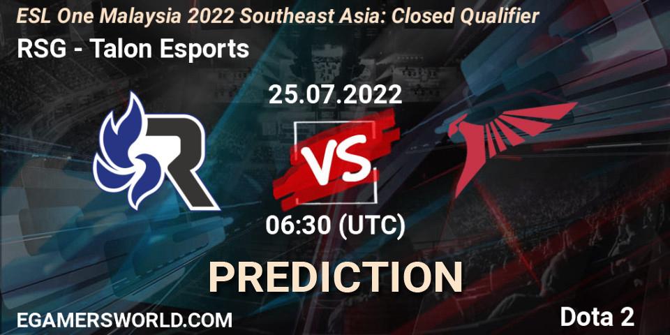 RSG - Talon Esports: Maç tahminleri. 25.07.2022 at 07:06, Dota 2, ESL One Malaysia 2022 Southeast Asia: Closed Qualifier