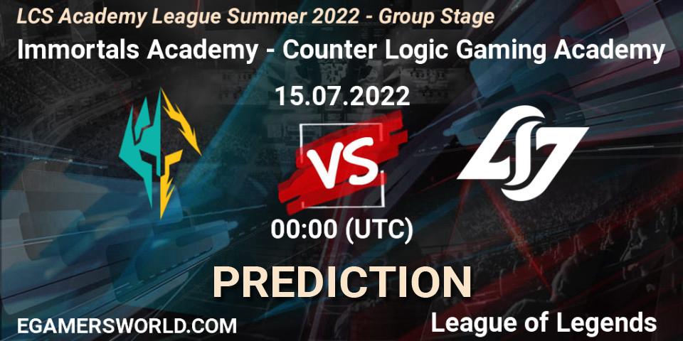 Immortals Academy - Counter Logic Gaming Academy: Maç tahminleri. 15.07.2022 at 00:00, LoL, LCS Academy League Summer 2022 - Group Stage