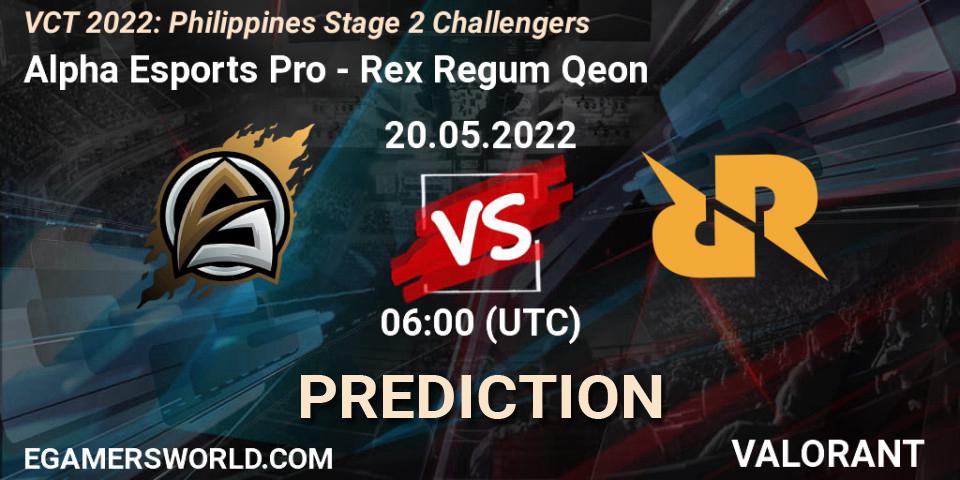 Alpha Esports Pro - Rex Regum Qeon: Maç tahminleri. 20.05.2022 at 06:00, VALORANT, VCT 2022: Philippines Stage 2 Challengers