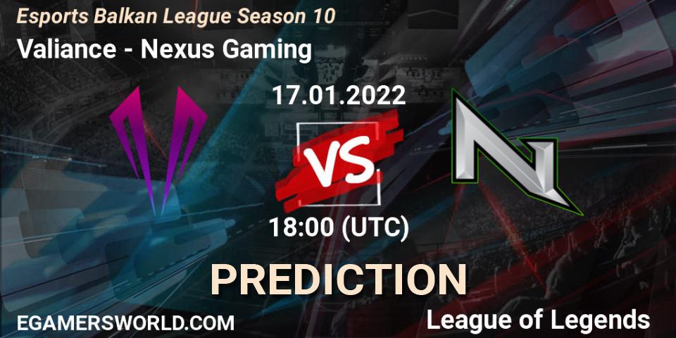 Valiance - Nexus Gaming: Maç tahminleri. 17.01.2022 at 18:00, LoL, Esports Balkan League Season 10