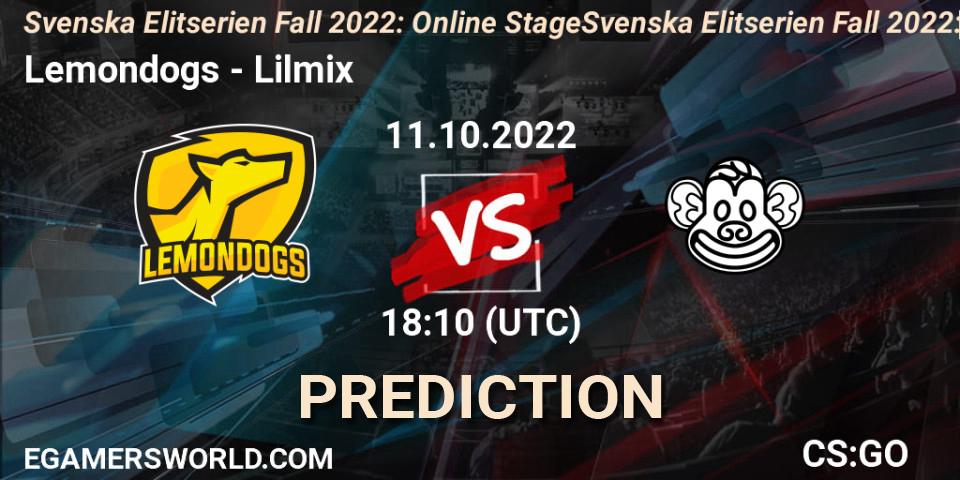 Lemondogs - Lilmix: Maç tahminleri. 11.10.2022 at 18:10, Counter-Strike (CS2), Svenska Elitserien Fall 2022