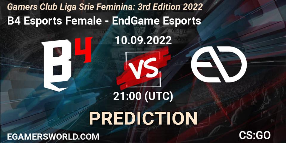 B4 Esports Female - EndGame Esports: Maç tahminleri. 10.09.2022 at 21:00, Counter-Strike (CS2), Gamers Club Liga Série Feminina: 3rd Edition 2022