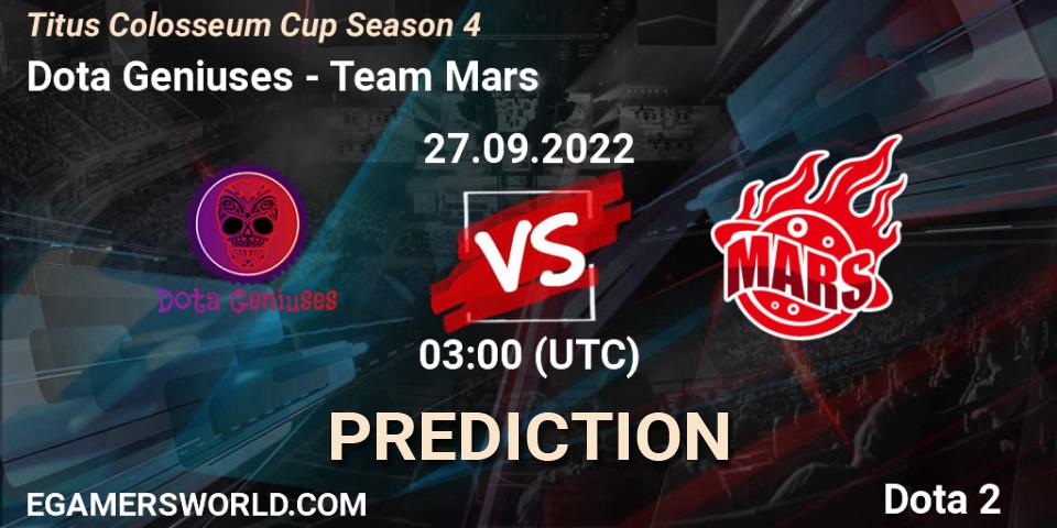 Dota Geniuses - Team Mars: Maç tahminleri. 27.09.2022 at 03:01, Dota 2, Titus Colosseum Cup Season 4 