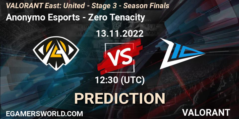 Anonymo Esports - Zero Tenacity: Maç tahminleri. 13.11.2022 at 12:30, VALORANT, VALORANT East: United - Stage 3 - Season Finals