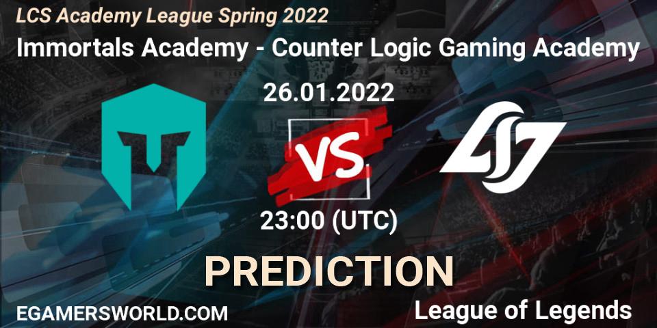 Immortals Academy - Counter Logic Gaming Academy: Maç tahminleri. 26.01.2022 at 23:00, LoL, LCS Academy League Spring 2022