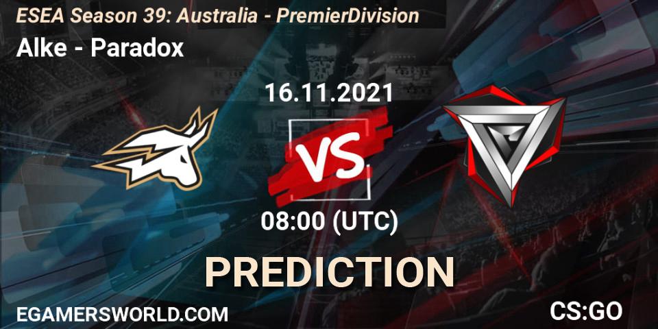 Alke - Paradox: Maç tahminleri. 16.11.2021 at 08:00, Counter-Strike (CS2), ESEA Season 39: Australia - Premier Division