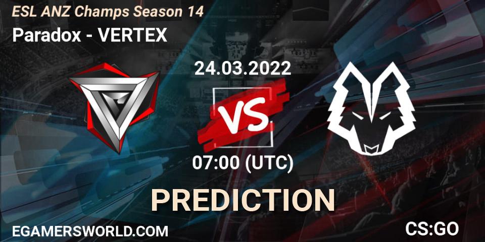Paradox - VERTEX: Maç tahminleri. 24.03.2022 at 07:00, Counter-Strike (CS2), ESL ANZ Champs Season 14