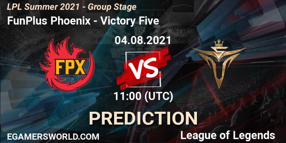 FunPlus Phoenix - Victory Five: Maç tahminleri. 04.08.2021 at 11:00, LoL, LPL Summer 2021 - Group Stage