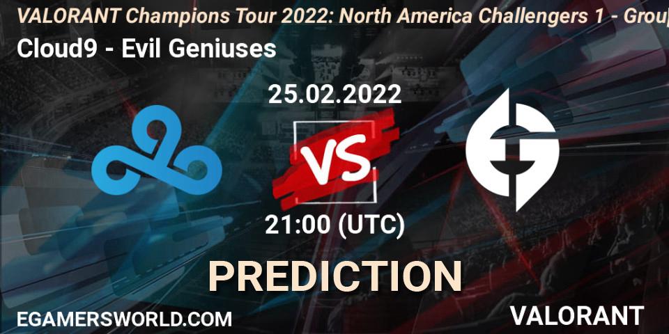 Cloud9 - Evil Geniuses: Maç tahminleri. 25.02.2022 at 21:15, VALORANT, VCT 2022: North America Challengers 1 - Group Stage