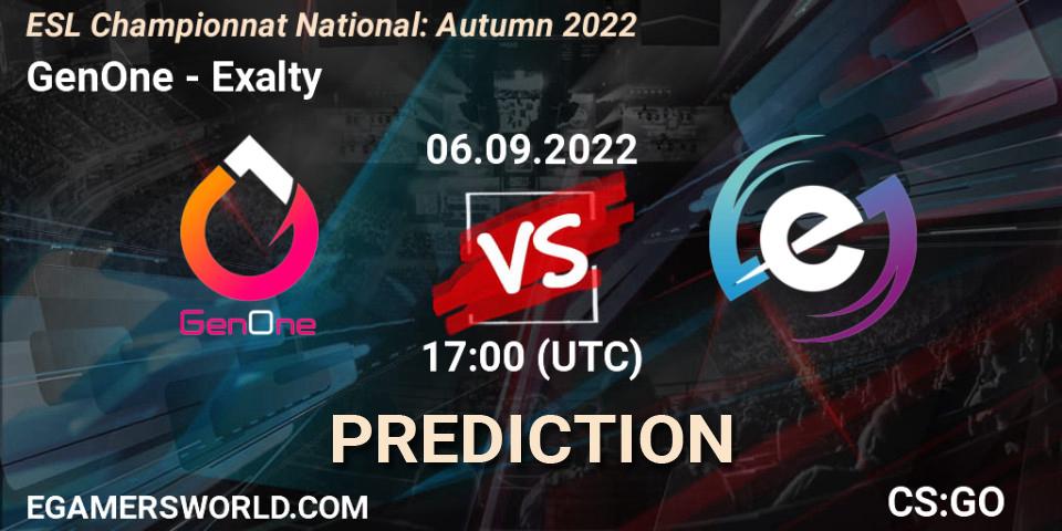 GenOne - Exalty: Maç tahminleri. 06.09.2022 at 17:00, Counter-Strike (CS2), ESL Championnat National: Autumn 2022