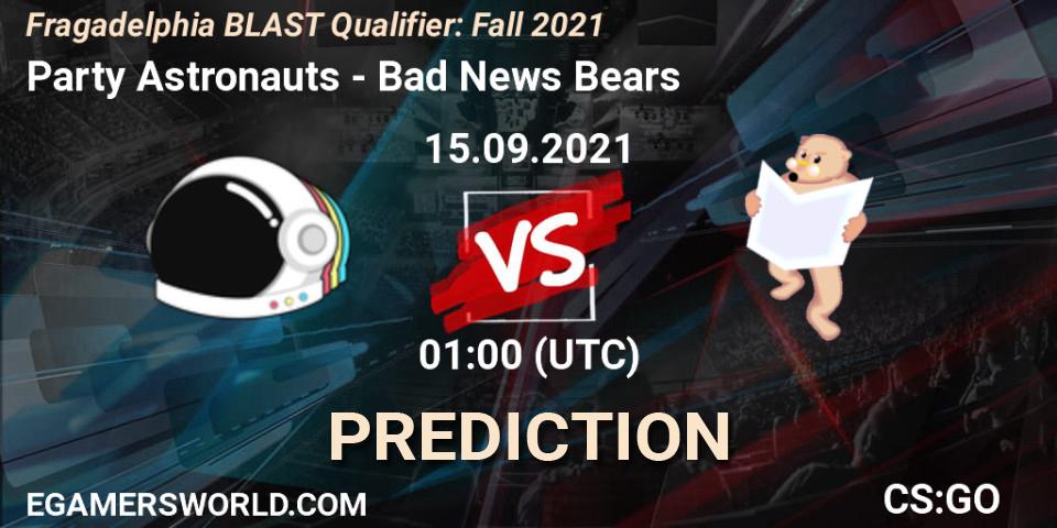 Party Astronauts - Bad News Bears: Maç tahminleri. 15.09.2021 at 01:10, Counter-Strike (CS2), Fragadelphia BLAST Qualifier: Fall 2021