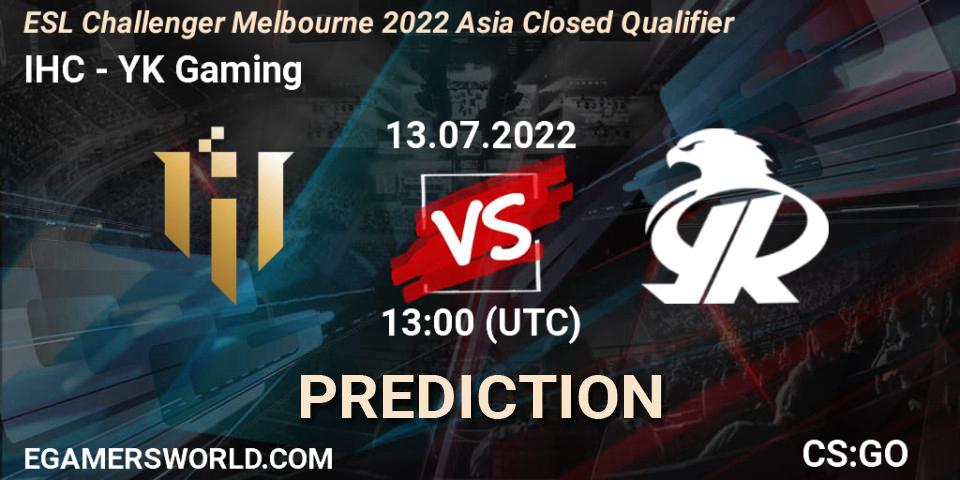 IHC - YK Gaming: Maç tahminleri. 13.07.2022 at 13:00, Counter-Strike (CS2), ESL Challenger Melbourne 2022 Asia Closed Qualifier