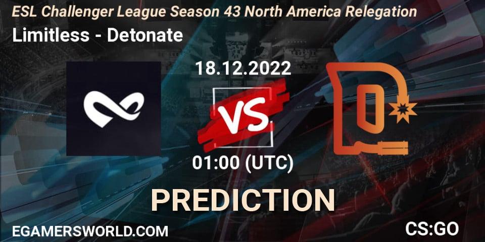 Limitless - Detonate: Maç tahminleri. 18.12.2022 at 01:00, Counter-Strike (CS2), ESL Challenger League Season 43 North America Relegation