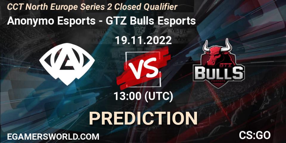 Anonymo Esports - GTZ Bulls Esports: Maç tahminleri. 19.11.2022 at 13:00, Counter-Strike (CS2), CCT North Europe Series 2 Closed Qualifier
