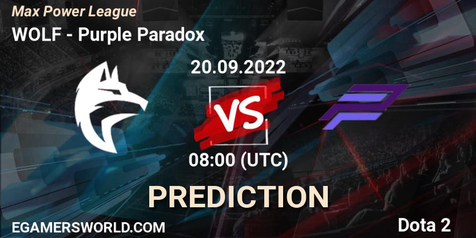 WOLF - Purple Paradox: Maç tahminleri. 20.09.2022 at 08:21, Dota 2, Max Power League
