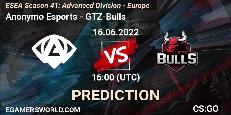 Anonymo Esports - GTZ-Bulls: Maç tahminleri. 16.06.2022 at 16:00, Counter-Strike (CS2), ESEA Season 41: Advanced Division - Europe