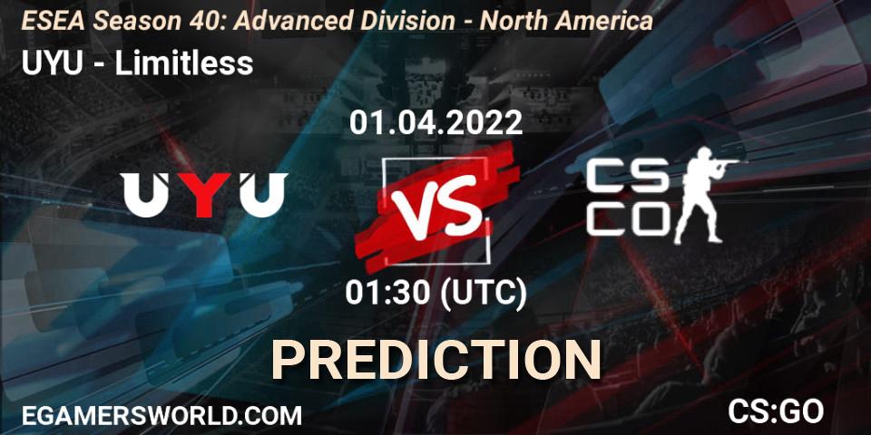 UYU - Limitless: Maç tahminleri. 01.04.2022 at 00:00, Counter-Strike (CS2), ESEA Season 40: Advanced Division - North America