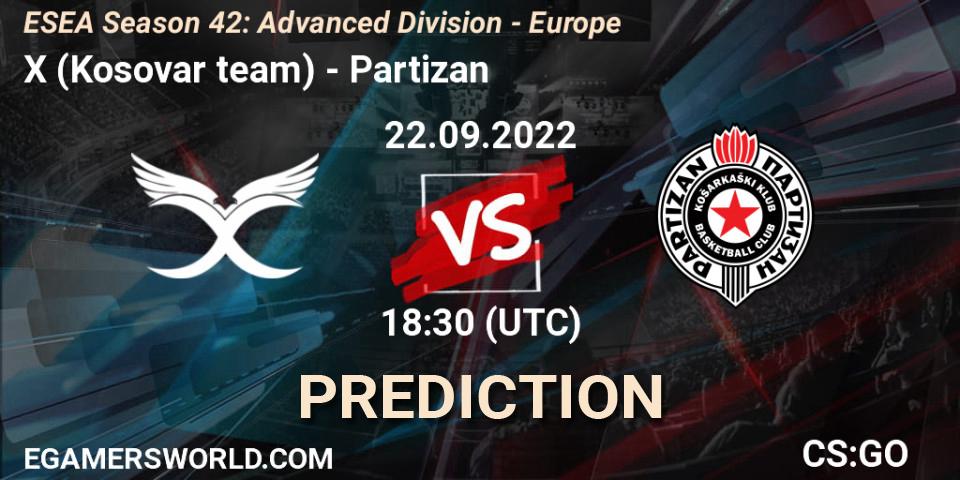 X (Kosovar team) - Partizan: Maç tahminleri. 22.09.2022 at 16:00, Counter-Strike (CS2), ESEA Season 42: Advanced Division - Europe