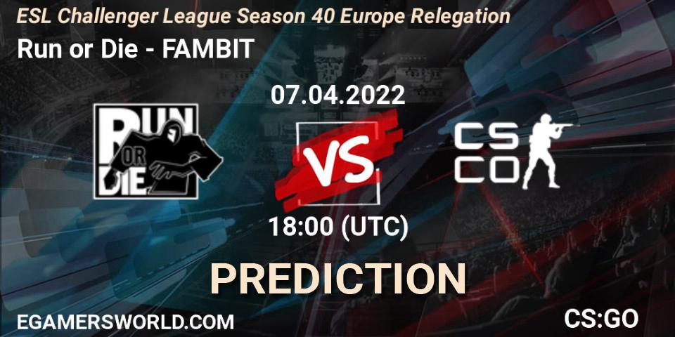 Run or Die - FAMBIT: Maç tahminleri. 07.04.2022 at 18:15, Counter-Strike (CS2), ESL Challenger League Season 40 Europe Relegation