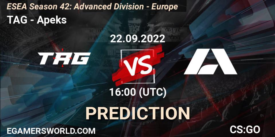 TAG - Apeks: Maç tahminleri. 22.09.2022 at 16:00, Counter-Strike (CS2), ESEA Season 42: Advanced Division - Europe