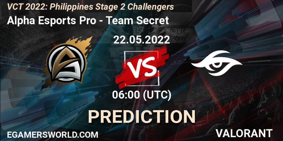 Alpha Esports Pro - Team Secret: Maç tahminleri. 22.05.2022 at 07:00, VALORANT, VCT 2022: Philippines Stage 2 Challengers