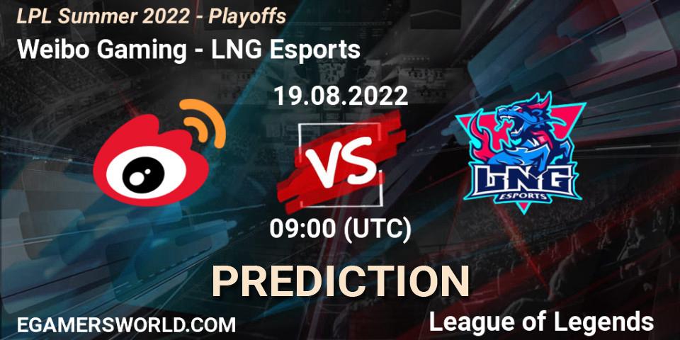 Weibo Gaming - LNG Esports: Maç tahminleri. 19.08.2022 at 09:00, LoL, LPL Summer 2022 - Playoffs