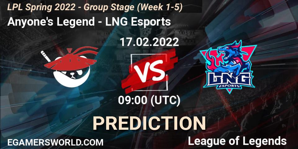 Anyone's Legend - LNG Esports: Maç tahminleri. 17.02.2022 at 09:00, LoL, LPL Spring 2022 - Group Stage (Week 1-5)