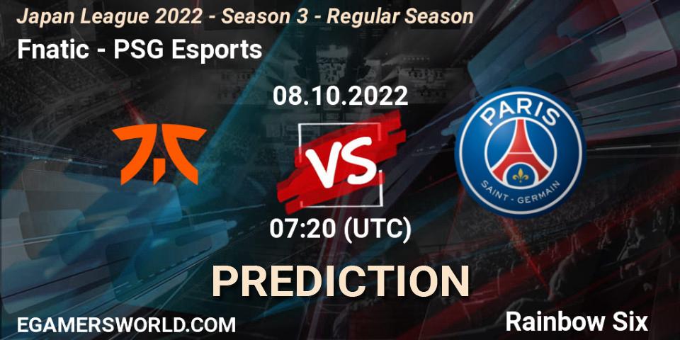 Fnatic - PSG Esports: Maç tahminleri. 08.10.2022 at 07:20, Rainbow Six, Japan League 2022 - Season 3 - Regular Season