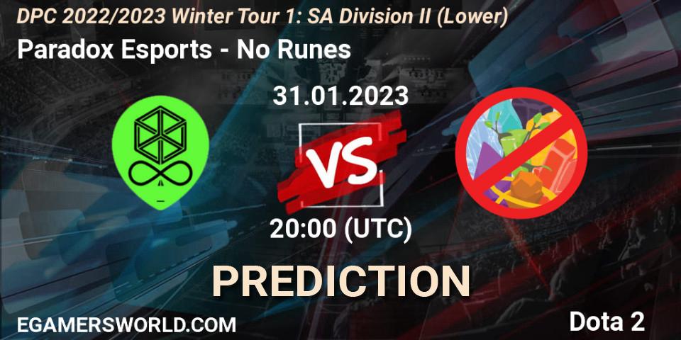 Paradox Esports - No Runes: Maç tahminleri. 31.01.23, Dota 2, DPC 2022/2023 Winter Tour 1: SA Division II (Lower)