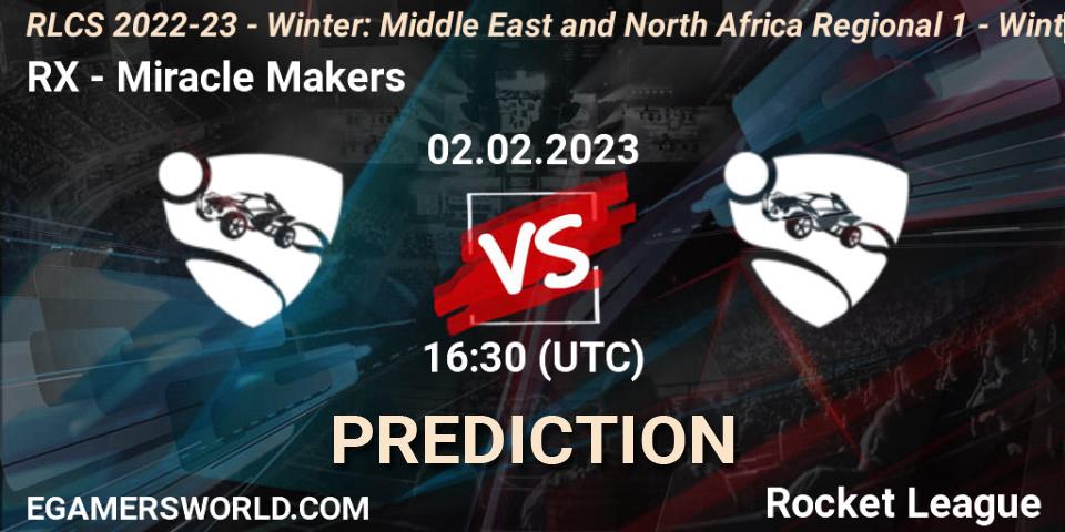 RX - Miracle Makers: Maç tahminleri. 02.02.2023 at 16:30, Rocket League, RLCS 2022-23 - Winter: Middle East and North Africa Regional 1 - Winter Open