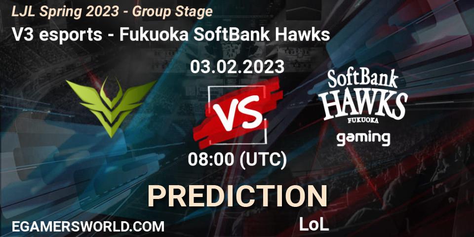V3 esports - Fukuoka SoftBank Hawks: Maç tahminleri. 03.02.2023 at 08:00, LoL, LJL Spring 2023 - Group Stage