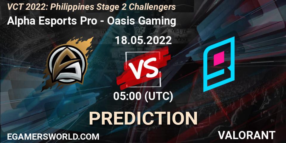 Alpha Esports Pro - Oasis Gaming: Maç tahminleri. 18.05.2022 at 05:00, VALORANT, VCT 2022: Philippines Stage 2 Challengers