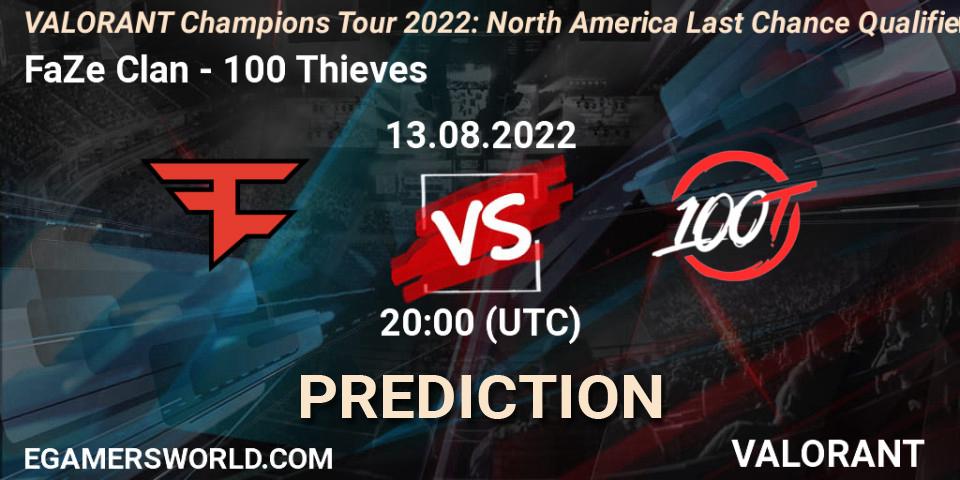 FaZe Clan - 100 Thieves: Maç tahminleri. 13.08.2022 at 20:10, VALORANT, VCT 2022: North America Last Chance Qualifier