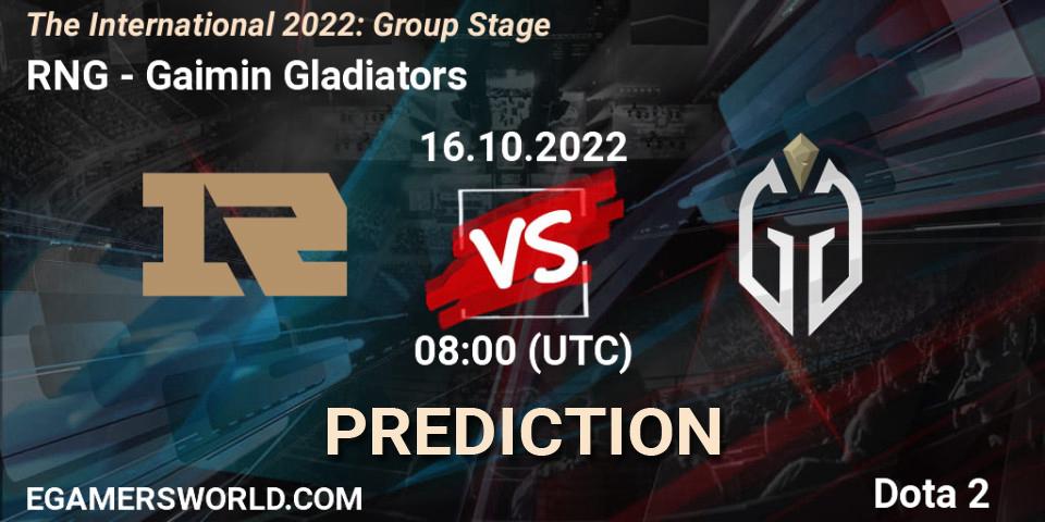 RNG - Gaimin Gladiators: Maç tahminleri. 16.10.22, Dota 2, The International 2022: Group Stage