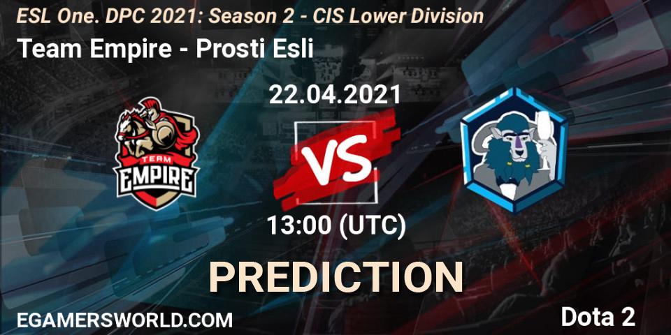 Team Empire - Prosti Esli: Maç tahminleri. 22.04.2021 at 12:55, Dota 2, ESL One. DPC 2021: Season 2 - CIS Lower Division