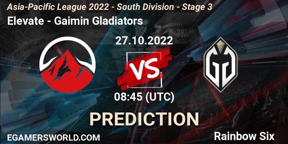 Elevate - Gaimin Gladiators: Maç tahminleri. 27.10.2022 at 08:45, Rainbow Six, Asia-Pacific League 2022 - South Division - Stage 3