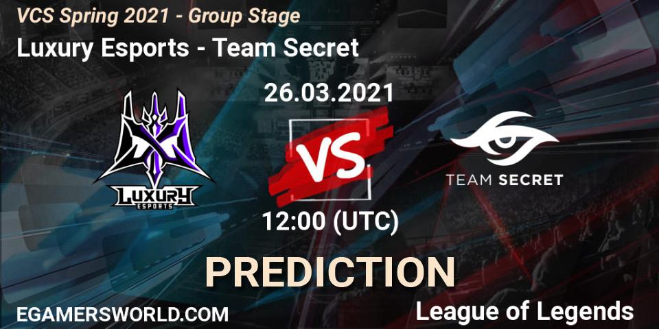 Luxury Esports - Team Secret: Maç tahminleri. 26.03.2021 at 12:35, LoL, VCS Spring 2021 - Group Stage