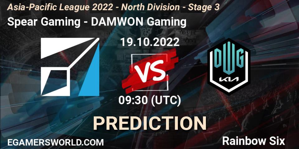 Spear Gaming - DAMWON Gaming: Maç tahminleri. 19.10.2022 at 09:30, Rainbow Six, Asia-Pacific League 2022 - North Division - Stage 3