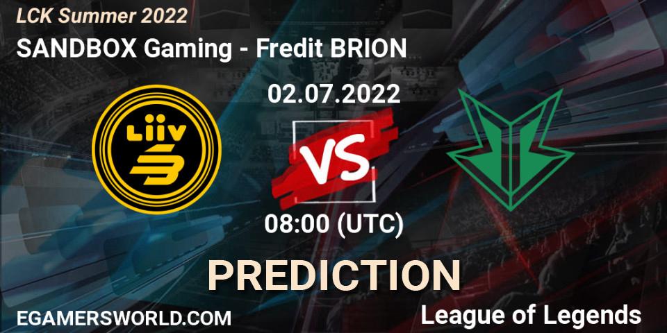 SANDBOX Gaming - Fredit BRION: Maç tahminleri. 02.07.2022 at 08:00, LoL, LCK Summer 2022