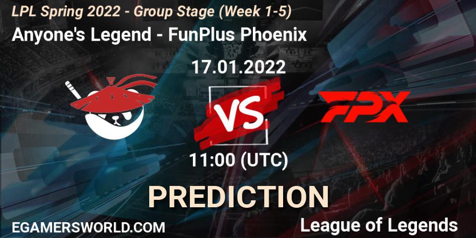 Anyone's Legend - FunPlus Phoenix: Maç tahminleri. 17.01.22, LoL, LPL Spring 2022 - Group Stage (Week 1-5)