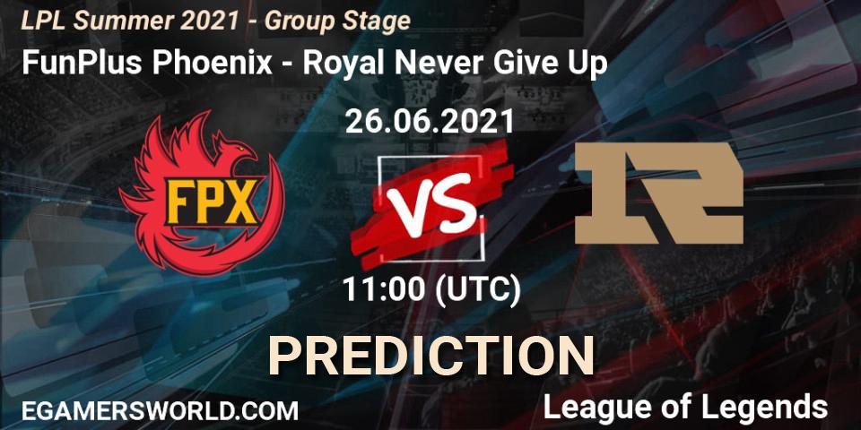 FunPlus Phoenix - Royal Never Give Up: Maç tahminleri. 26.06.2021 at 11:00, LoL, LPL Summer 2021 - Group Stage