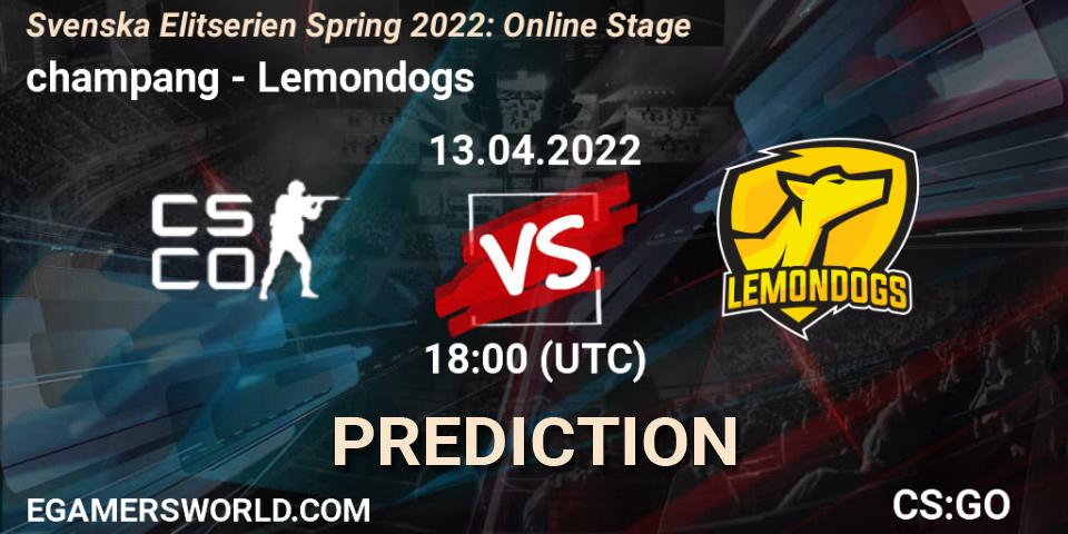 champang - Lemondogs: Maç tahminleri. 13.04.2022 at 18:00, Counter-Strike (CS2), Svenska Elitserien Spring 2022: Online Stage
