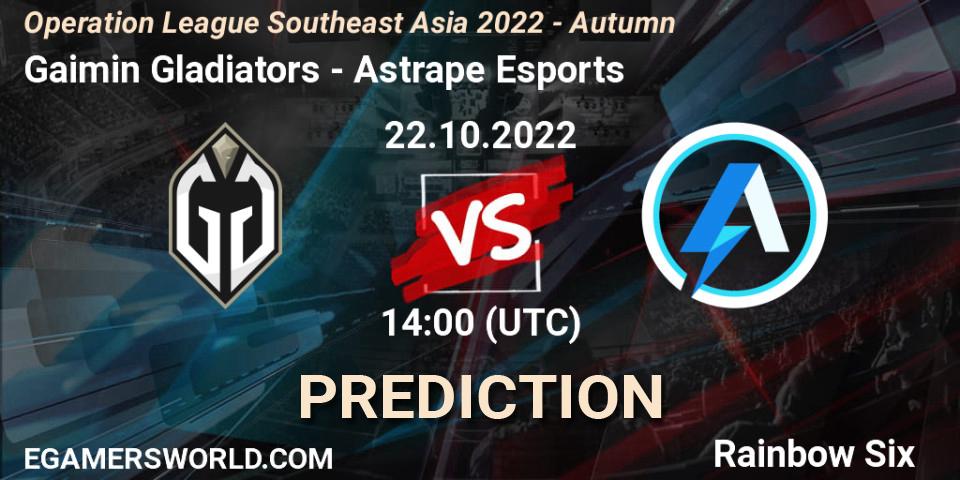 Gaimin Gladiators - Astrape Esports: Maç tahminleri. 22.10.2022 at 14:00, Rainbow Six, Operation League Southeast Asia 2022 - Autumn