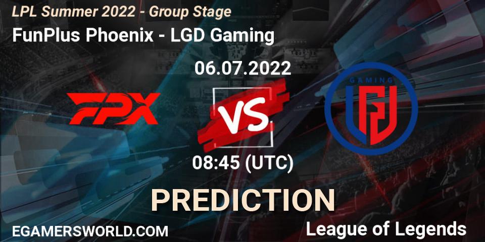 FunPlus Phoenix - LGD Gaming: Maç tahminleri. 06.07.2022 at 09:00, LoL, LPL Summer 2022 - Group Stage